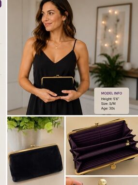 HOBO GENUINE, LEATHER KISS LOCK  CLUTCH wallet with gold frame